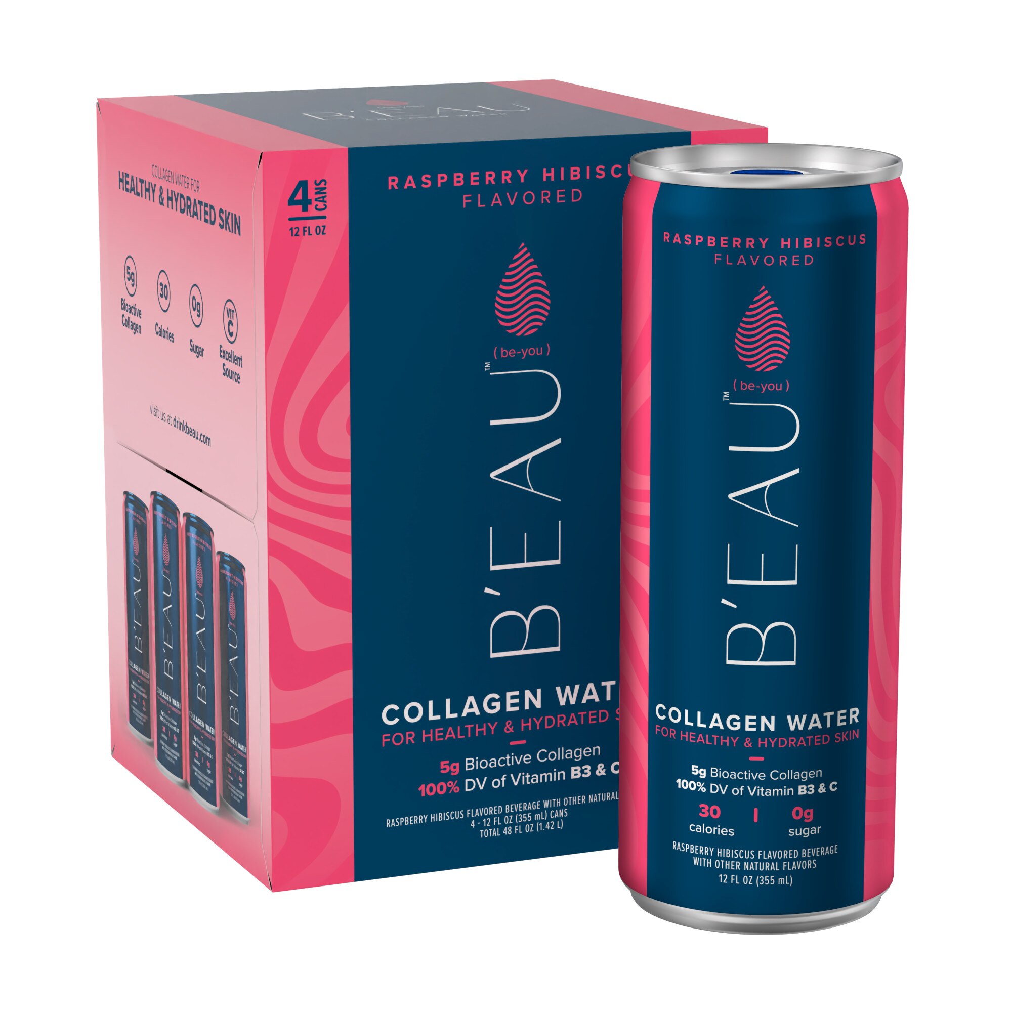 B'EAU Collagen Water, Raspberry Hibiscus Flavored Water, 12 Fl Oz, 4 Pack - 12 Oz , CVS