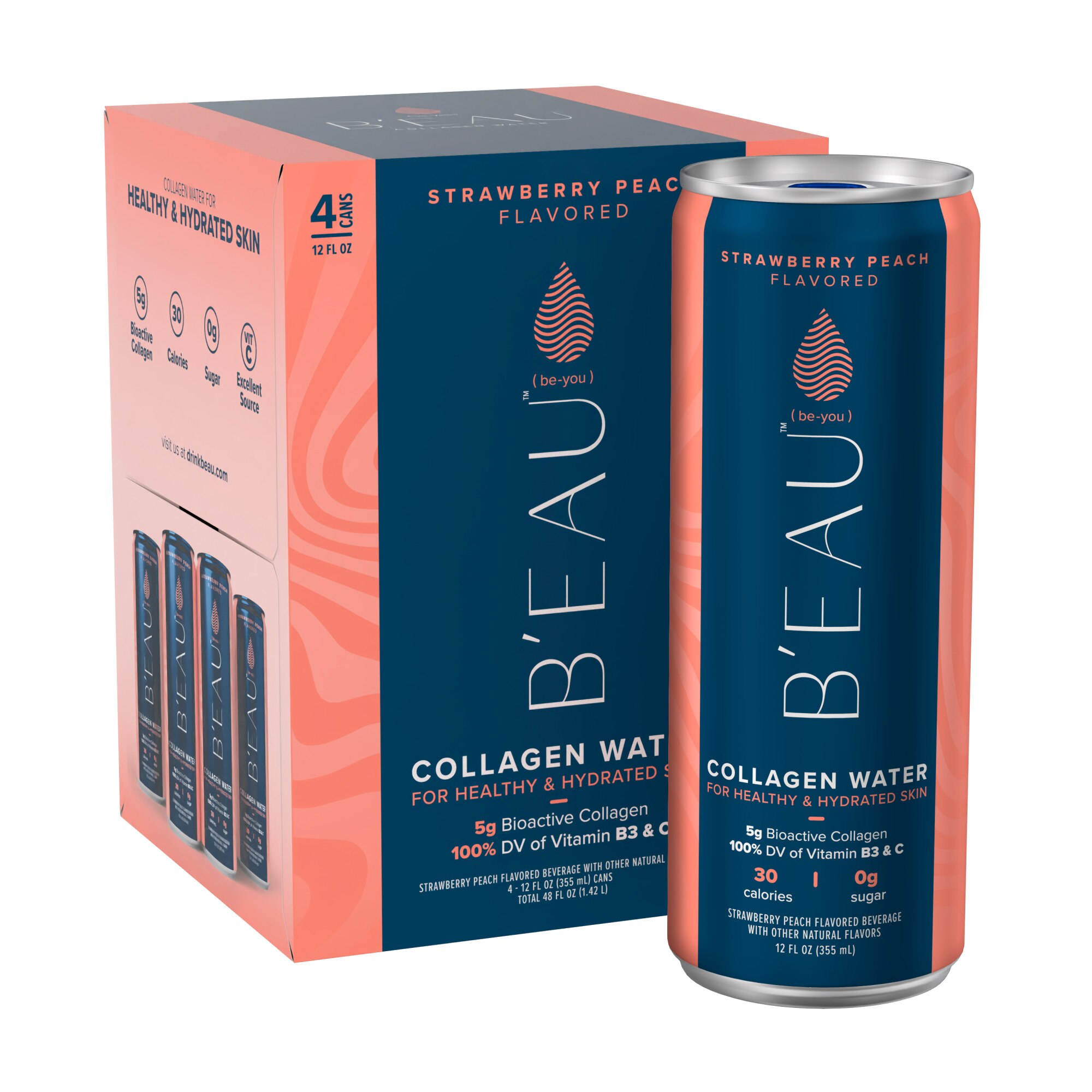 B’EAU Collagen Water, Strawberry Peach Flavored Water, 12 Fl Oz, 4 Pack