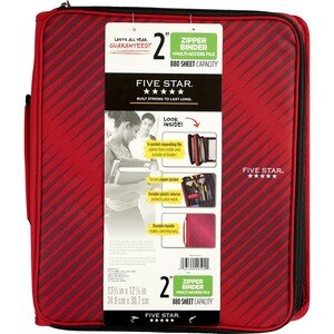 380 Sheet Capacity Red/Black by Mead Hilroy NEW Five Star 2" Zipper Binder 