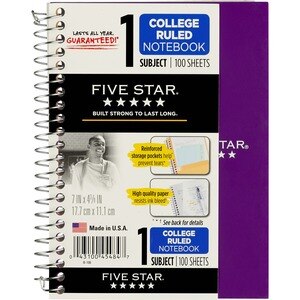 Five Star Personal Spiral Notebook, 1 Subject College Ruled Paper, Small  Size, 100 Sheets, 1 Ea