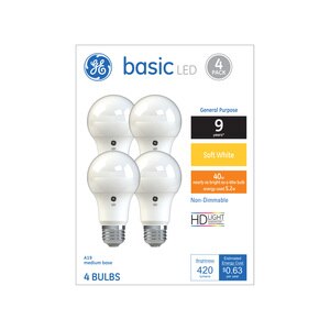 GE Basic Soft White LED 40W Replacement White General Purpose A19 Light Bulbs, 4 ct