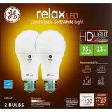 GE Relax Soft White HD 75W LED Light Bulbs, A21, 2 CT, thumbnail image 1 of 4