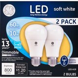 GE LED Soft White Dimmable A19 Light Bulbs, 10w, 2 CT, thumbnail image 1 of 4