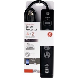 GE Surge Protector with 4 Outlets and 2 USB Charging Ports, 3 Ft Long Extension Cord