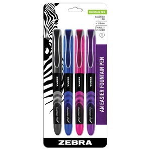 Zebra Fountain Pen, Assorted Non-Toxic Ink Colors, 4-Pack