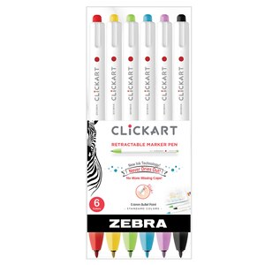 Zebra Click Art Retractable Marker Pen, Fine Point, Assorted Colors, 6 Ct