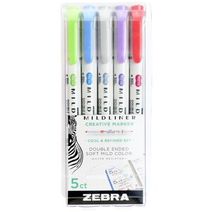  Zebra Pen Mildliner Double Ended Highlighter, Assorted Cool & Refined Set, 5 CT 