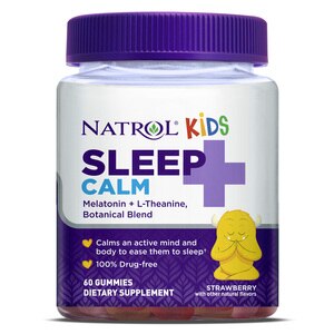Natrol Kids Sleep+ Calm, Drug Free Sleep Aid Supplement, Calm an Active Mind, Ease to Sleep, Melatonin and L-Theanine, 60 Strawberry Flavored Gummies