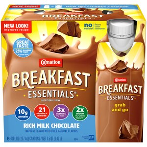 Carnation Breakfast Essentials Ready to Drink Nutritional Breakfast Drink, Rich Milk Chocolate, 6 - 8 FL OZ Cartons