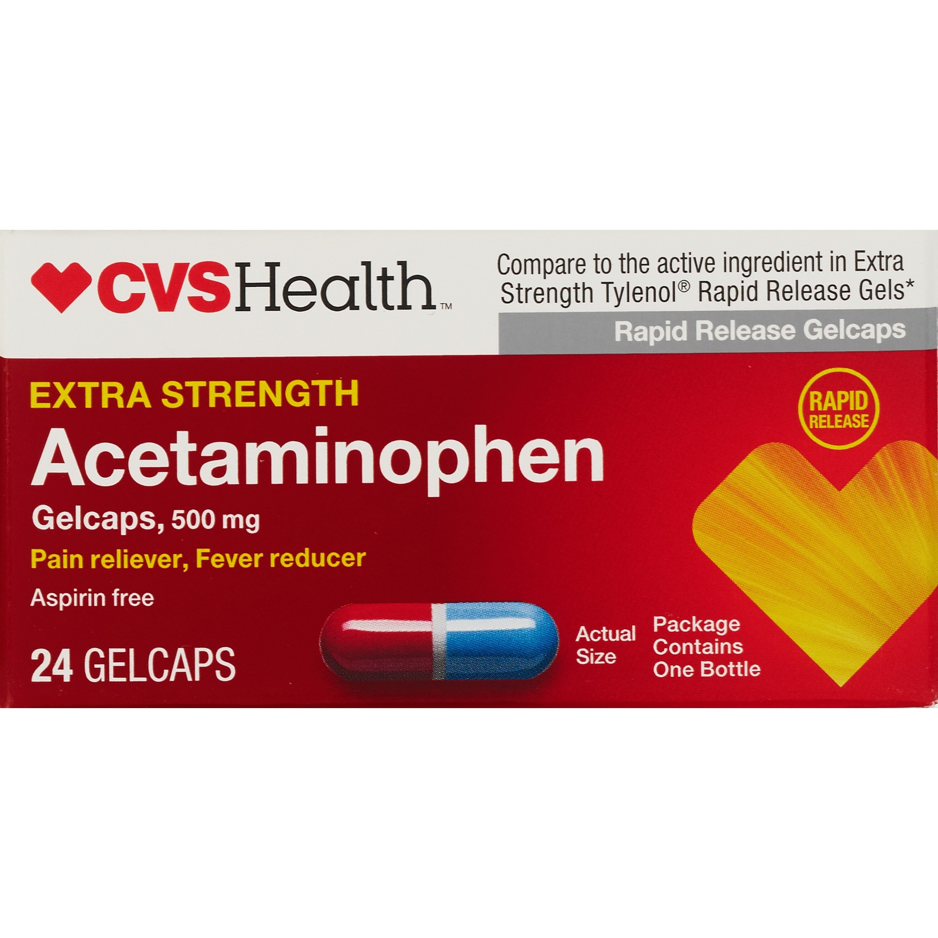 CVS Health - Acetaminophen en cápsulas blandas, potencia extra, 500 mg, 100 u.
