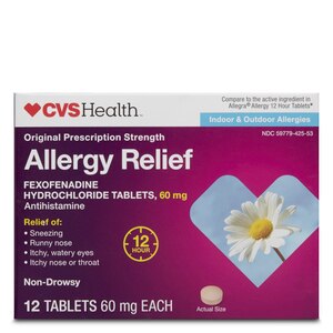  CVS Health Fexofenadine Hydrochloride Tablets 60 mg, Allergy Relief, 12 CT 