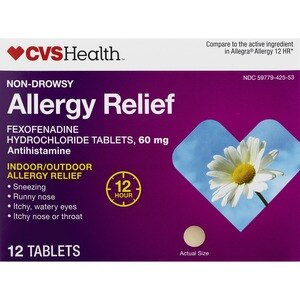 CVS Health - Fexofenadine Hydrochloride en tabletas para el alivio de alergias de interiores/exteriores, no causa somnolencia, 60 mg, 12 u.