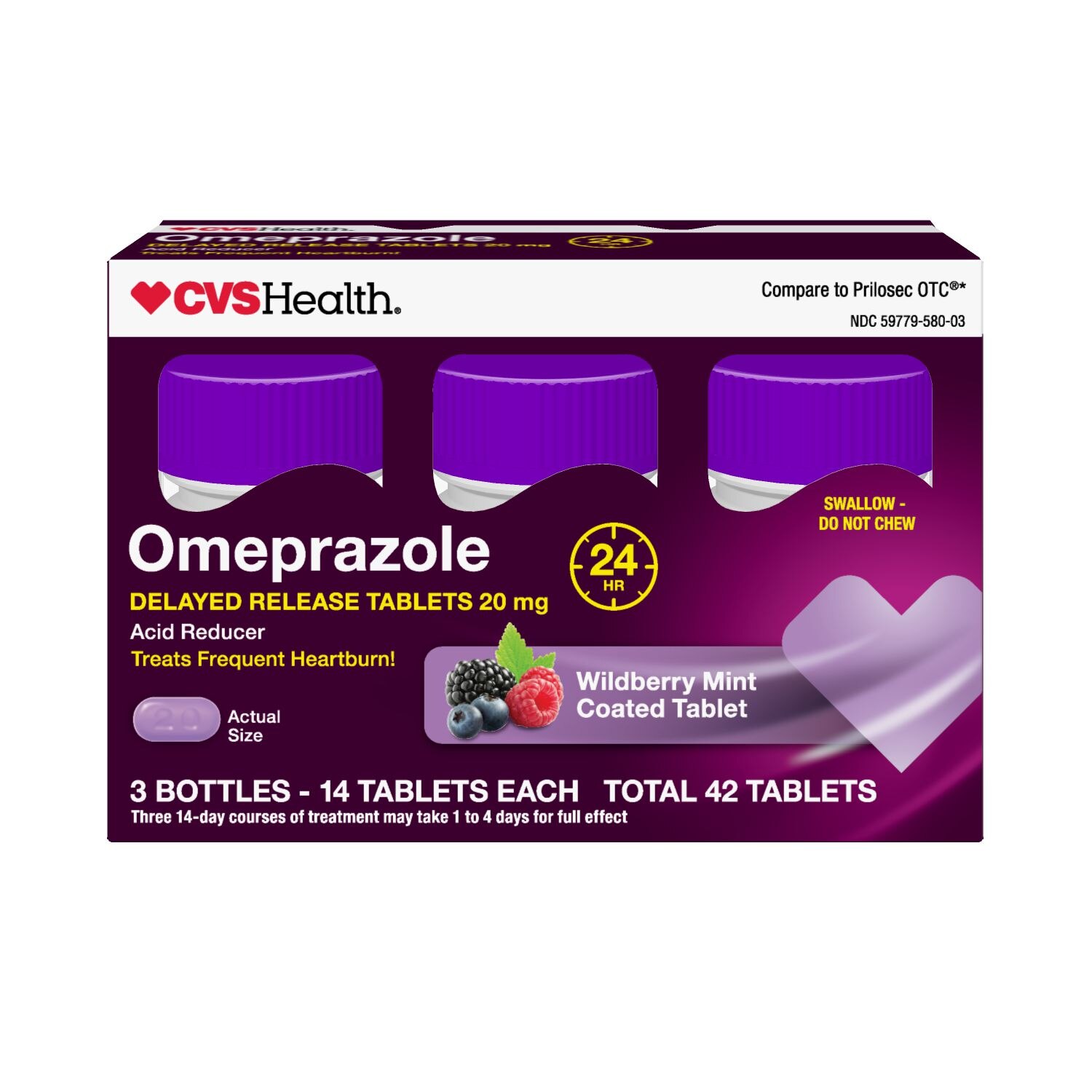 CVS Health - Reductor del ácido en cápsulas de liberación lenta, Omeprazole, Wildberry Mint, 20 mg, 42 u.