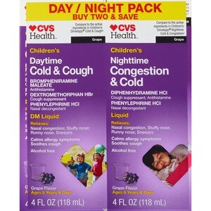CVS Health - Jarabe pediátrico para alivio del resfriado y la tos de día y la congestión y el resfriado de noche, dos unidades