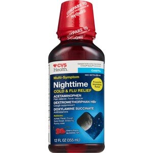 CVS Health - Alivio para la gripe y el resfrío para la noche, analgésico, para reducir la fiebre, inhibidor de la tos, antihistamínico, sabor Cherry, 12 oz