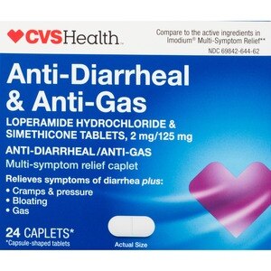 CVS Health - Clorhidrato de loperamida y simeticona en tabletas, 2 mg/125 mg, antidiarreico y antigases, 24 u.