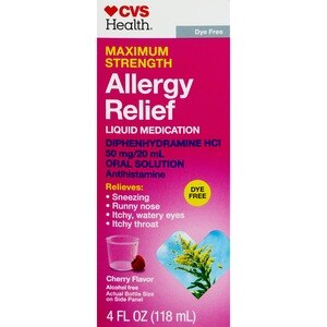 CVS Health Maximum Strength Allergy Relief Liquid Dye Free Diphenhydramine HCl Oral Antihistamine, Cherry, 4 Oz