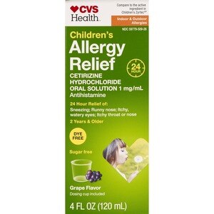 CVS Health Children's 24HR Allergy Cetirizine HCl Dye Free Oral Antihistamine, Grape, 4 Oz