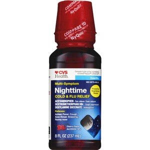 CVS Health Nighttime Cold & Flu Relief, Pain Reliever, Fever Reducer, Cough Suppressant, Antihistamine, Cherry Flavor, 8 OZ