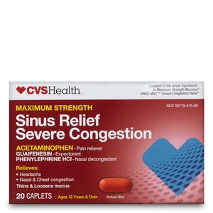 CVS Health Maximum Strength Sinus Relief Severe Congestion Acentaminophen Caplets, 20 CT