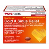 CVS Health Non-Drowsy Cold & Sinus Relief Ibuprofen & Pseudoephedrine HCl Tablets, USP, 40 CT, thumbnail image 1 of 3