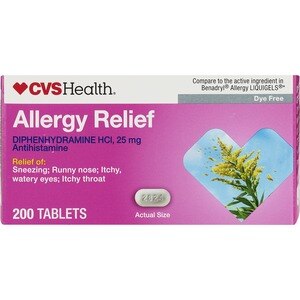 CVS Health - Difenhidramina y HCl en tabletas para la alergia, sin colorantes, 200 u.