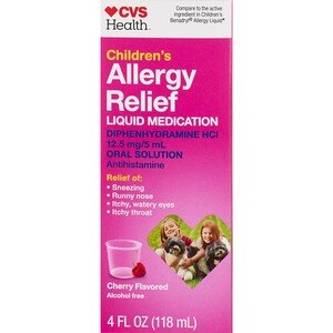 CVS Health Children's Allergy Relief Liquid Diphenhydramine HCl Oral Antihistamine, Cherry, 4 Oz