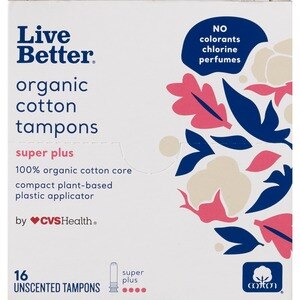 CVS Live Better Organic Cotton Tampons With Compact Plant-Based Plastic Applicator, Super Plus, 16 Ct