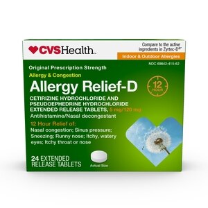 CVS Health Allergy Relief-D Cetirizine Hydrochloride And Pseudoephedrine Hydrochloride Extended Release Tablets 5 Mg/120 Mg, 24 Ct