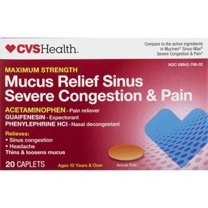 CVS Health Maximum Strength Mucus Relief Sinus Severe Congestion & Pain Acetaminophen Caplets, 20 CT