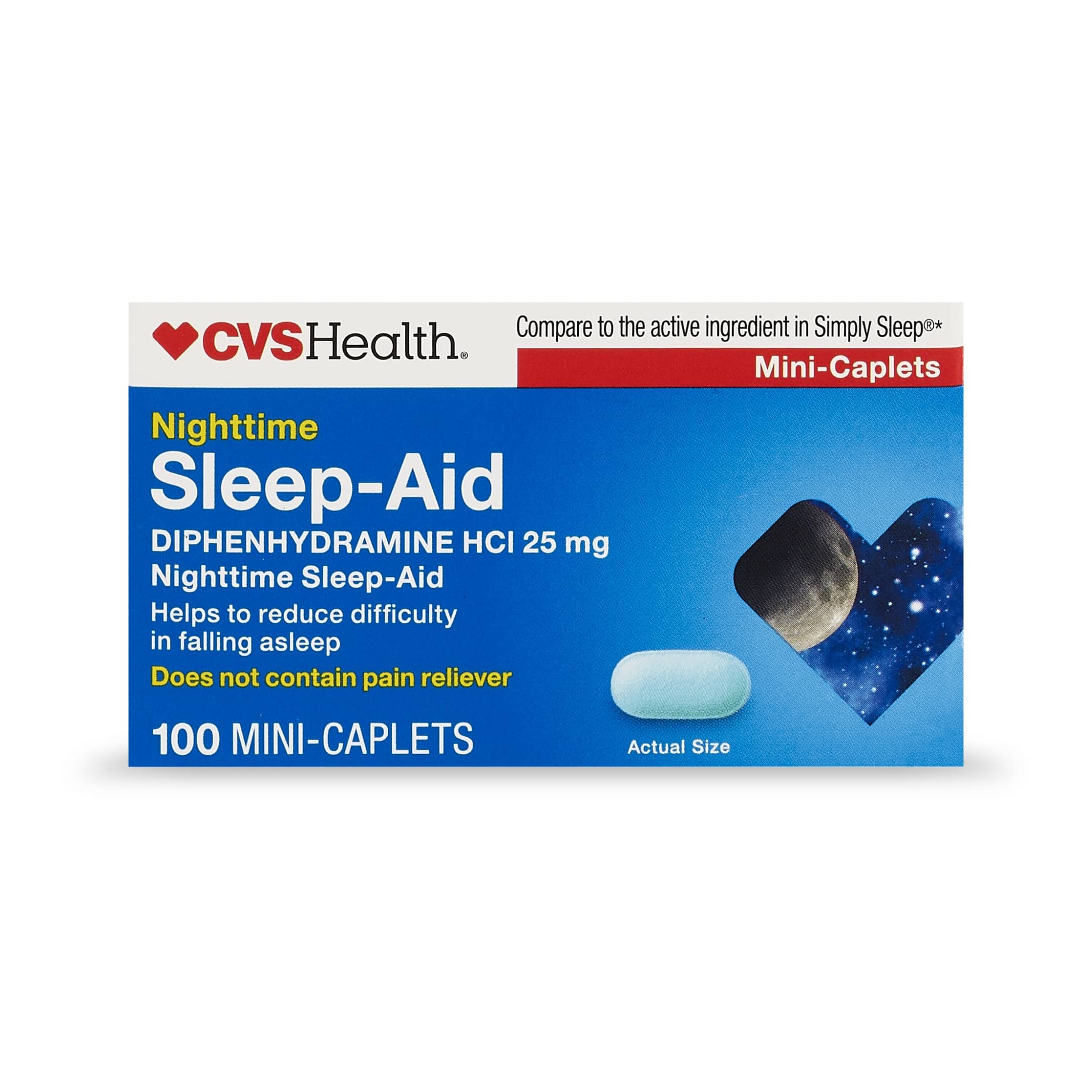 CVS Health Nighttime Sleep Aid Diphenhydramine HCI 25 MG Mini Caplets, 100 Ct