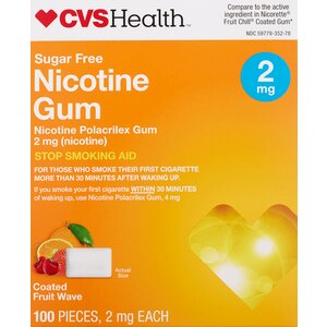  CVS Health Sugar Free Nicotine Gum 2 mg Coated FruitWave, 100CT 