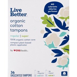 CVS Live Better Organic Cotton Tampons With Compact Plant-Based Plastic Applicator, Regular & Super, 36 Ct