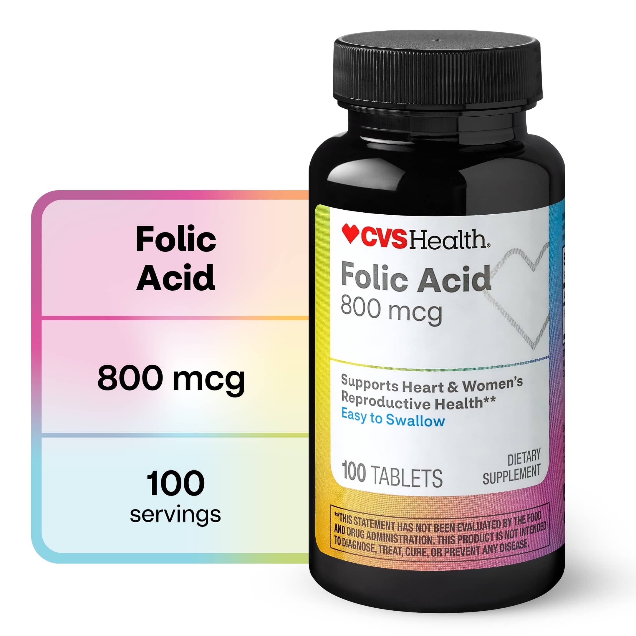 CVS Health - Ácido fólico en tabletas, 800 mcg, 100 u.