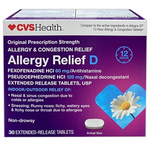CVS Health Allergy Relief D Extended-Release Tablets (Fexofenadine HCl 60 Mg & Pseudoephedrine HCl 120 Mg Extended-Release Tablets, USP), 30 Ct