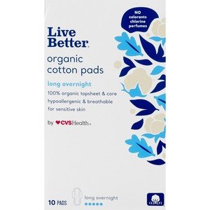 CVS Live Better Organic Cotton Long Pads, Overnight, 10 Ct