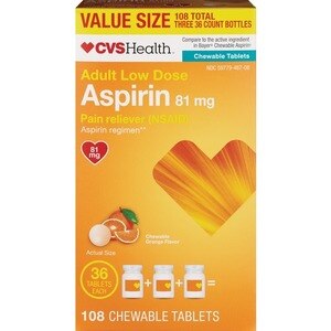  CVS Health Aspirin 81 mg Pain Reliever (NSAID) Chewable Tablets, Low Dose Aspirin, Orange Flavor, 36 CT 