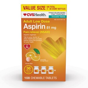 CVS Health Aspirin 81 mg Pain Reliever (NSAID) Chewable Tablets, Low Dose Aspirin, Orange Flavor, 36 CT