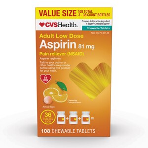 CVS Health Adult Low Dose Aspirin 81 MG Chewable Tablets, Orange, 108 Ct - 36 Ct