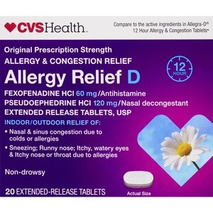 CVS Health Allergy Relief-D Extended-Release Tablets (Fexofenadine HCl 60 mg & Pseudoephedrine HCl 120 mg, USP), Non-Drowsy
