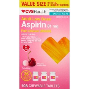 CVS Health Adult Low Dose Aspirin 81 MG Chewable Tablets, Cherry, 108 Ct - 36 Ct