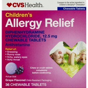 CVS Health Children's Allergy Relief Diphenhydramine HCl Chewable Antihistamine Tablets, Grape, 36 Ct