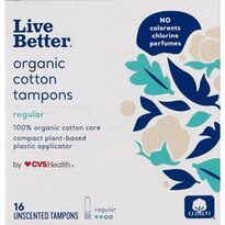 CVS Live Better Organic Cotton Tampons with Compact Plant-Based Plastic Applicator, Regular, 16 CT