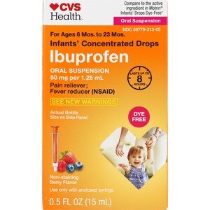 CVS Health Infants Concentrated Drops, Ibuprofen Oral Suspension, 50 mg per 1.25 mL, Pain Reliever and Fever Reducer, Dye-Free, 0.5 OZ