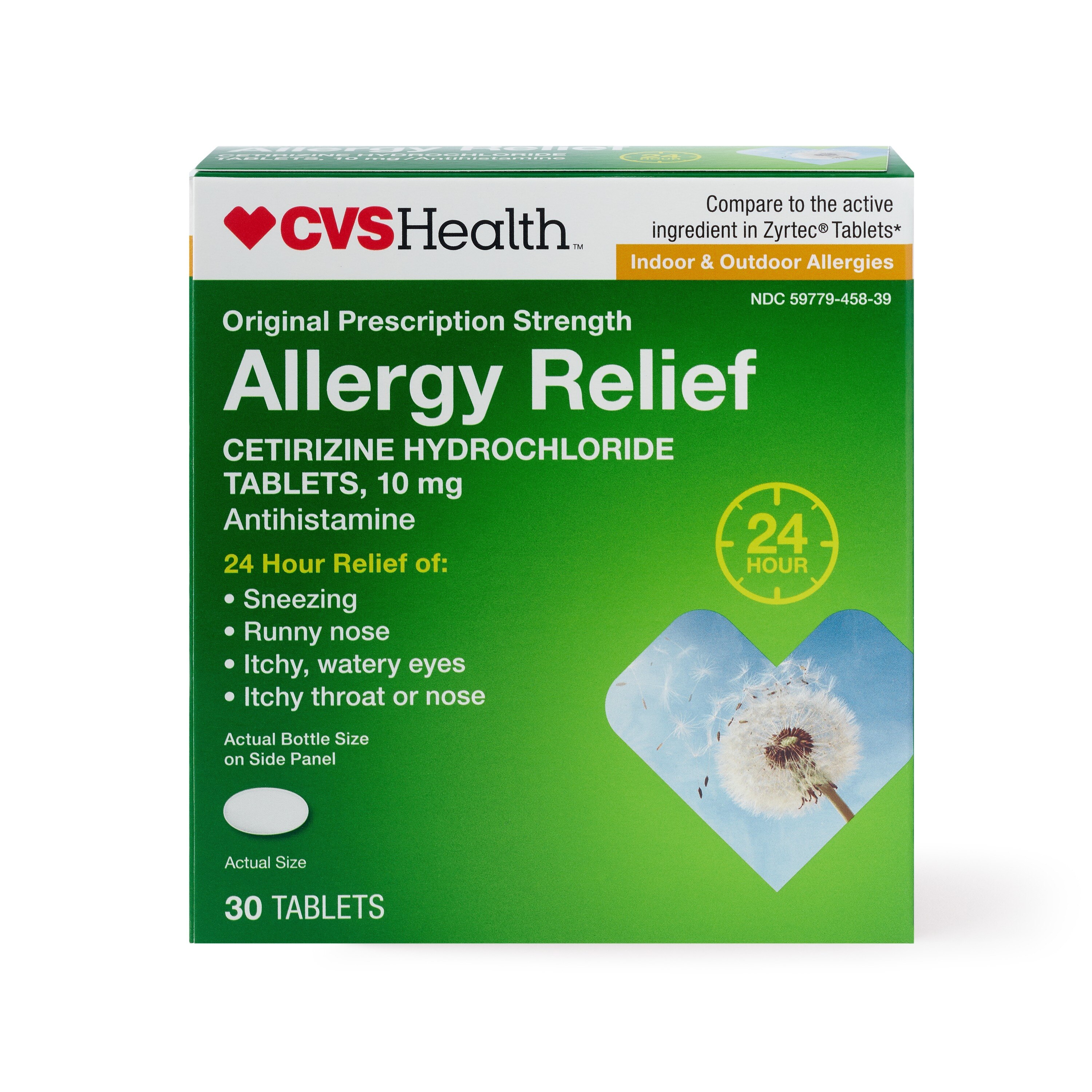 CVS Health - Alivio para alergias de interiores/exteriores, hidrocloruro de cetirizina en tabletas, 10 mg