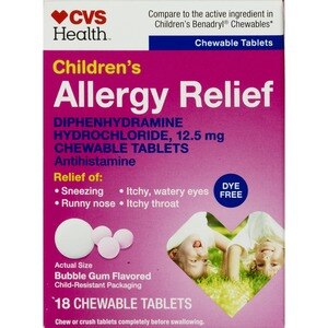 CVS Health Children's Allergy Relief Dye Free Diphenhydramine HCl Chewable Tablets, Bubblegum, 18 Ct