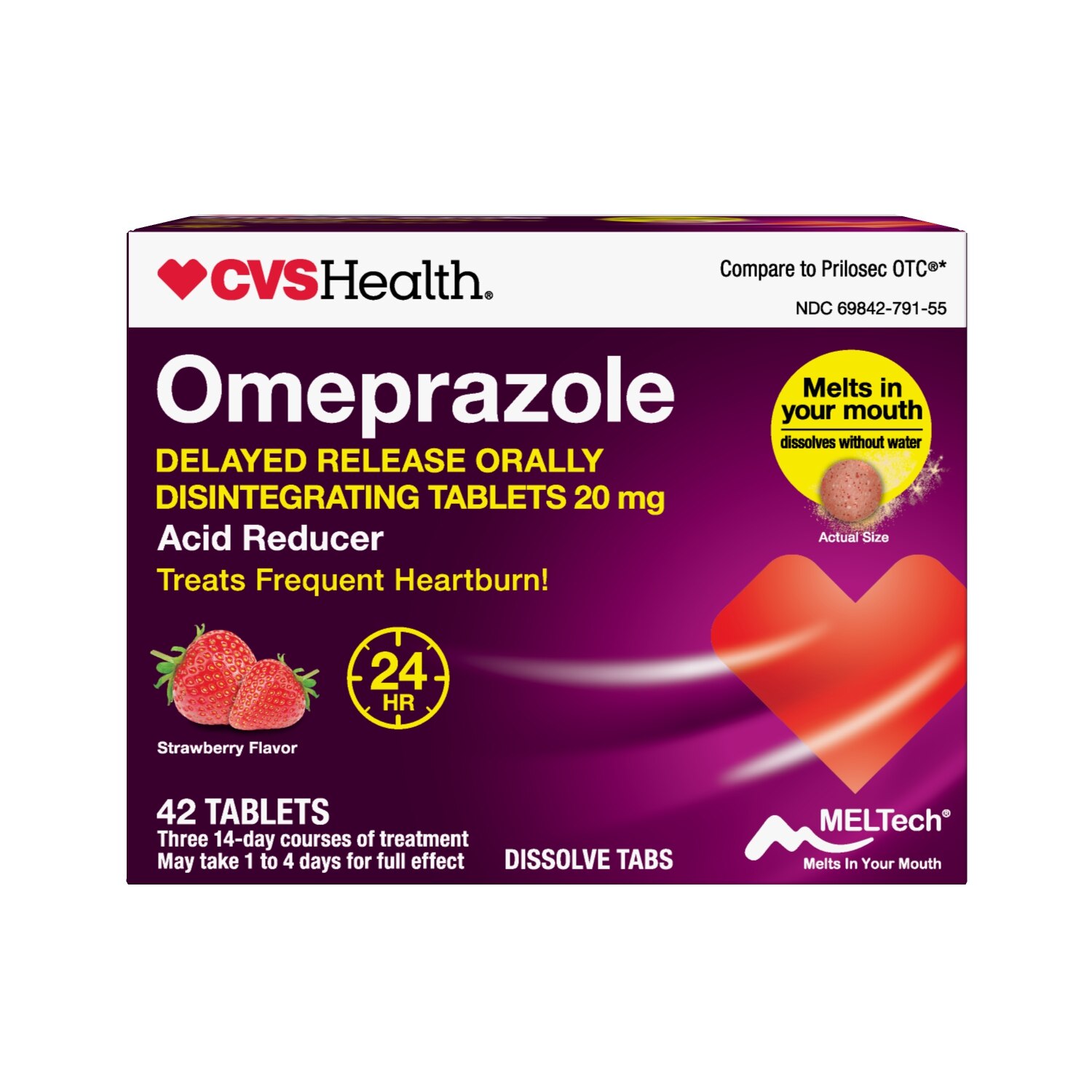 CVS Health Omeprazole Delayed Release Acid Reducer Tablets, Strawberry, 42 Ct
