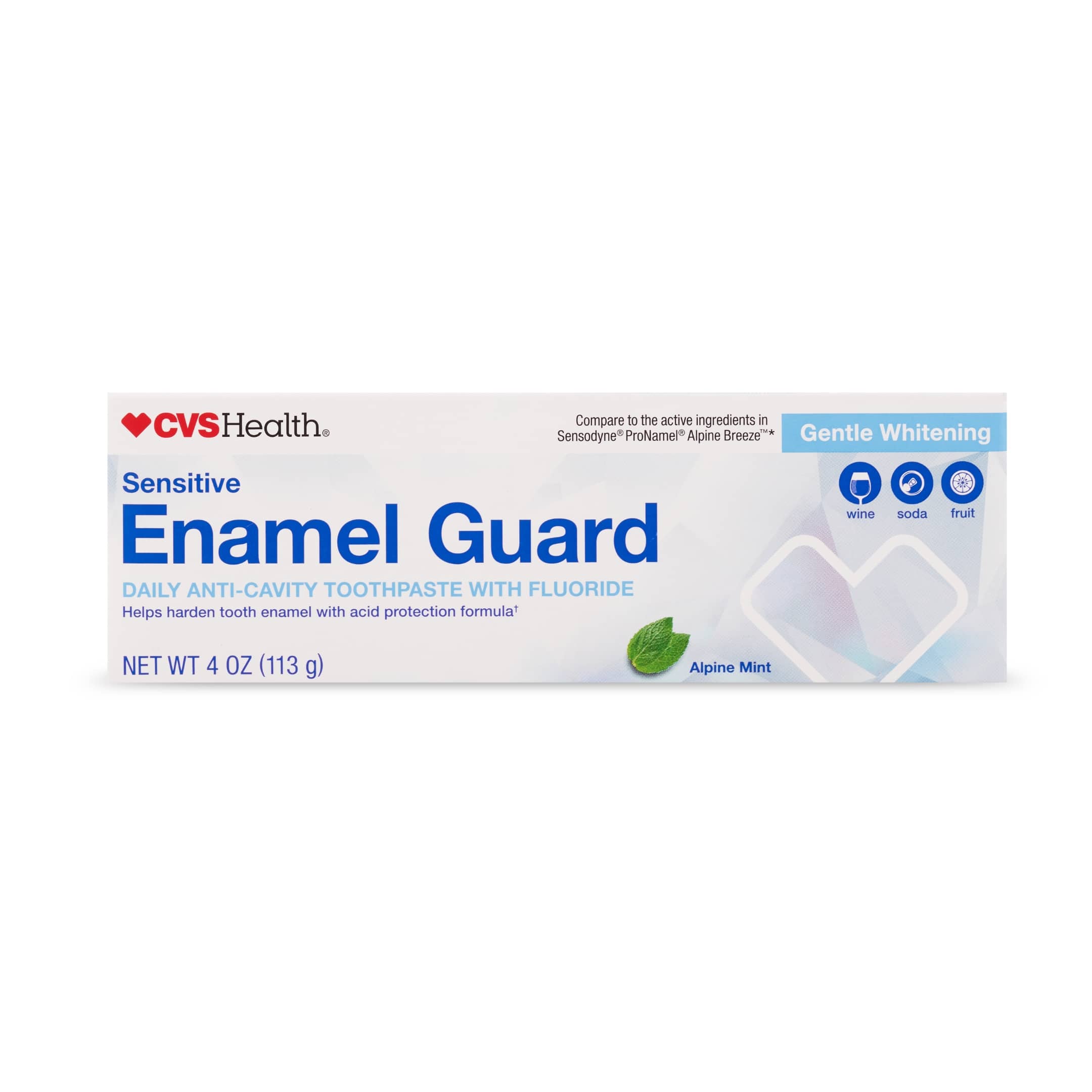 CVS Health Sensitive Enamel Guard Gentle Whitening Fluoride Toothpaste, Alpine Mint , 4 Oz