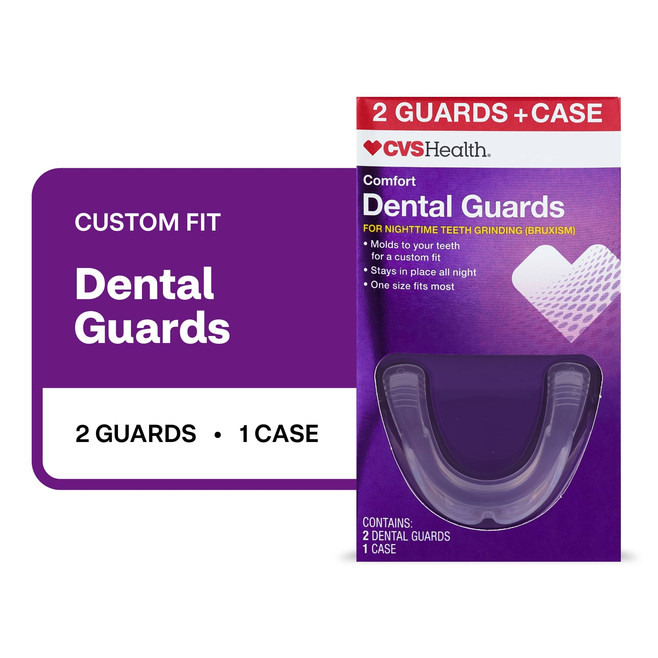 CVS Health Comfort Nightime Dental Guards for Nighttime Teeth Grinding (Bruxism), 2 Guards + Case