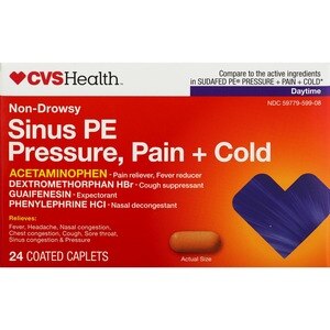 CVS Health Daytime Sinus PE Pressure, Pain + Cold Coated Acentaminophen Caplets, 24 CT